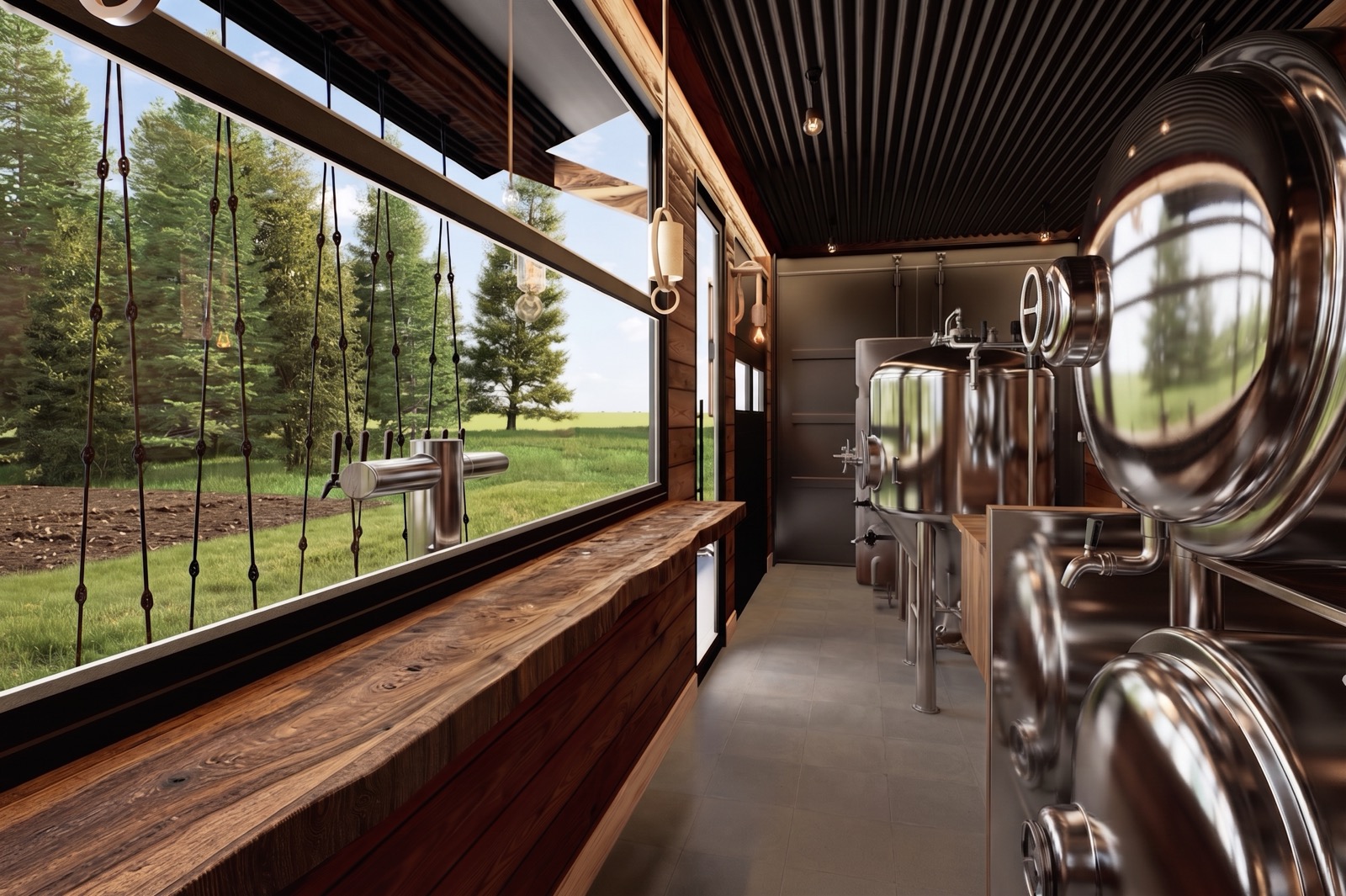 Tap wall and serving rail inside the 20-foot BrewBox